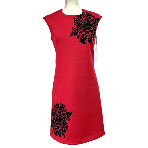 New Calvin Klein Opulent Red Crepe Dress with Black Velvet Floral Accents, Sz 4 - Picture 4 of 16